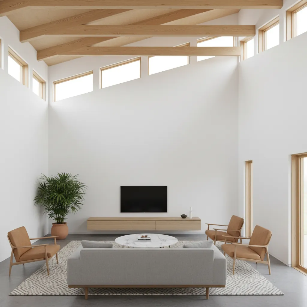 interior of modern shed roof house with tall wall and sloped ceiling