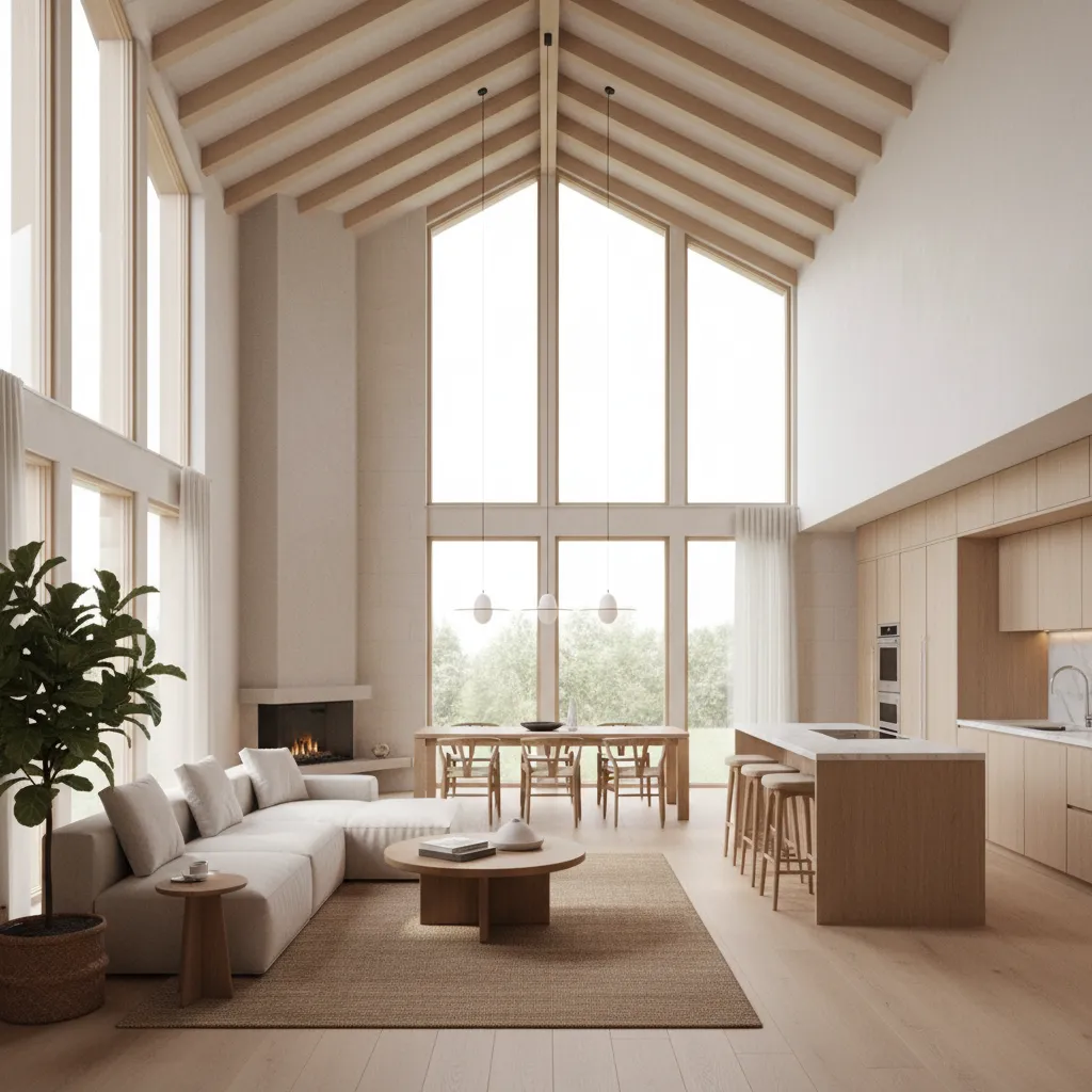 bright energy efficient shed roof house interior with large windows and natural daylight