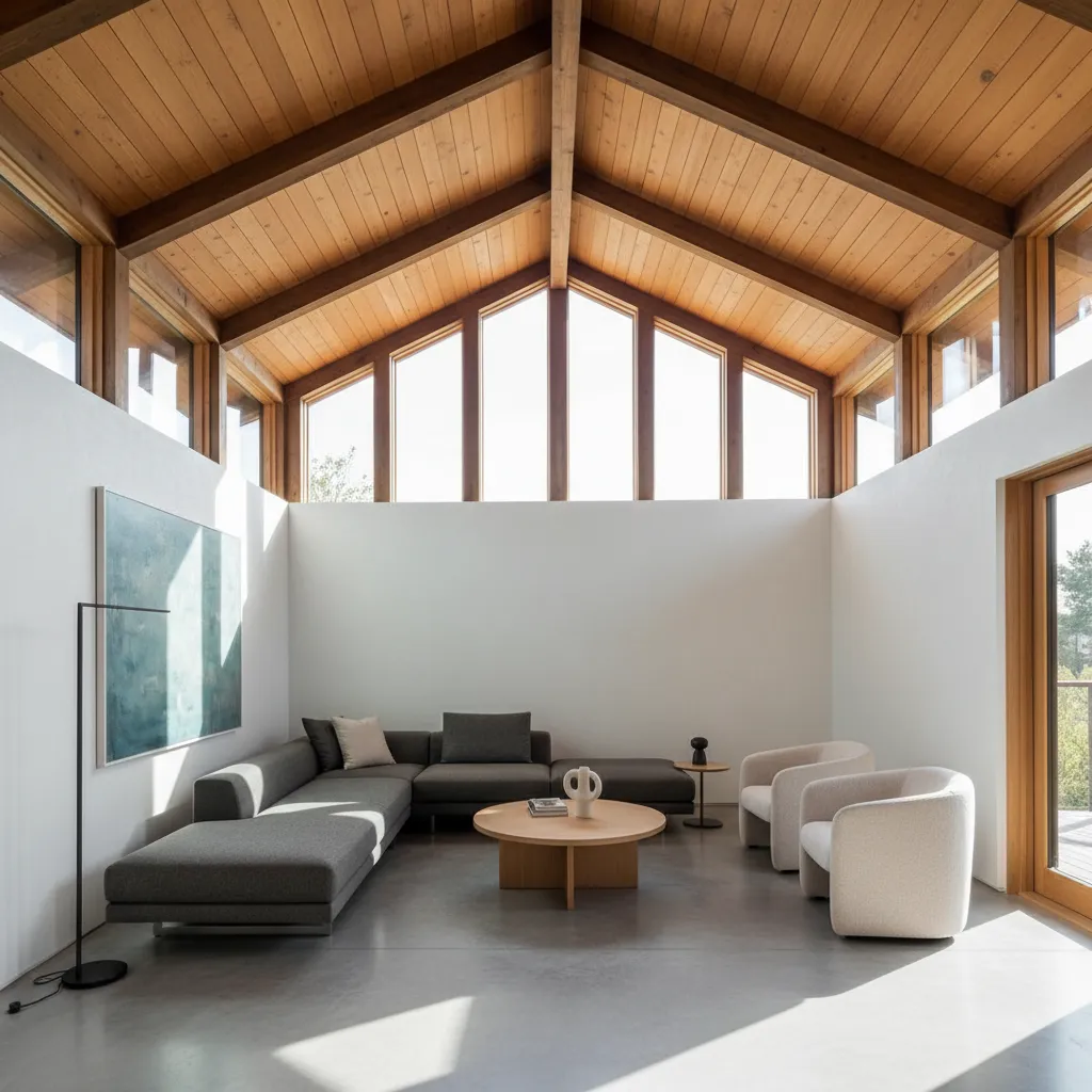 Interior of small house with shed roof vaulted ceiling