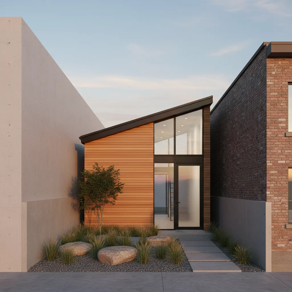 Small modern house with single slope shed roof in urban environment