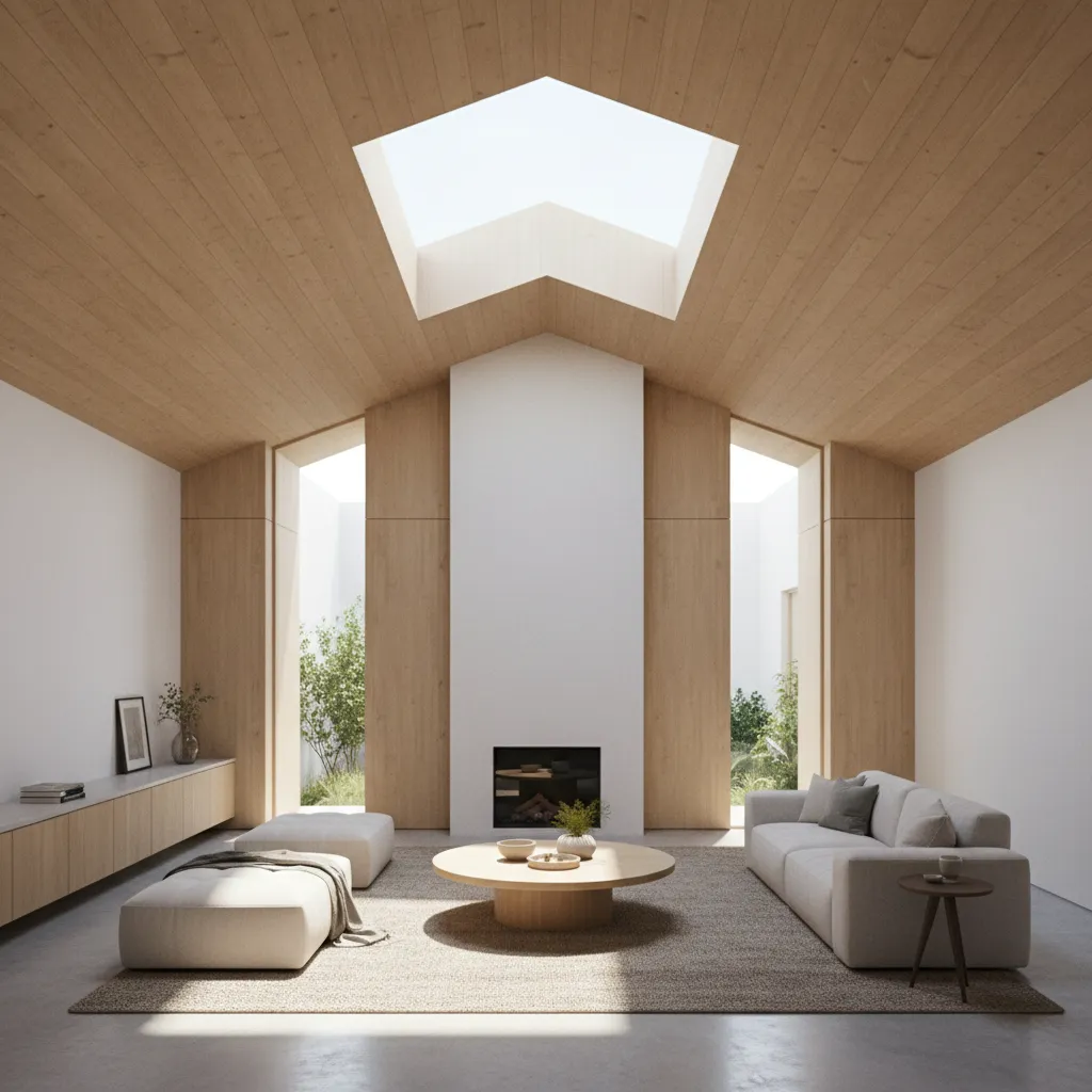 modern shed roof house interior with skylight bringing daylight to central living area