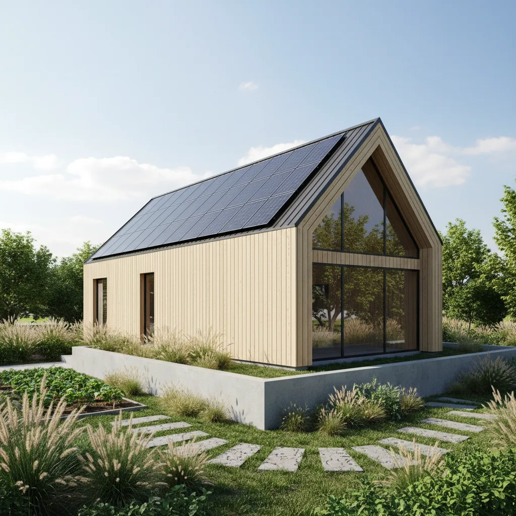 Modern micro home with solar panels installed on shed roof