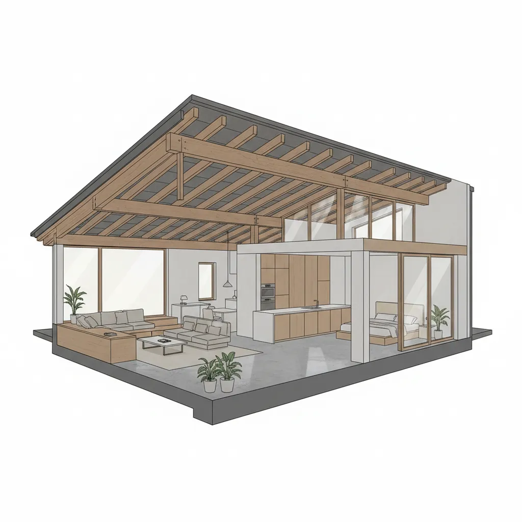 Structural layout of a shed roof showing beams and slope direction