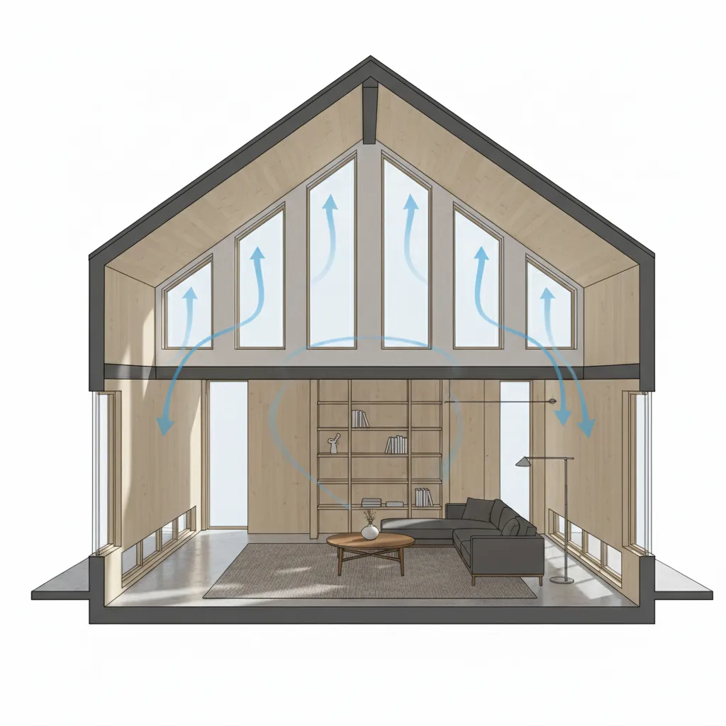 shed roof house interior showing high and low window placement for airflow and light