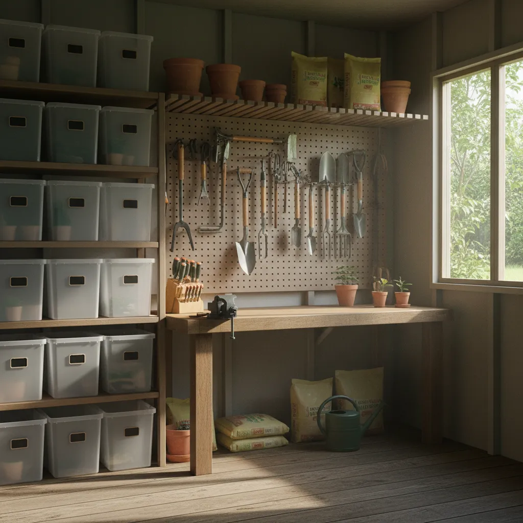 Organized garden shed interior with wooden workbench pegboard wall for tools and plastic storage bins