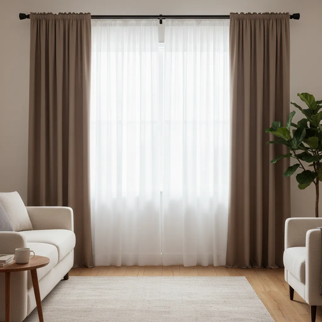 Layered sheer white curtains with brown drapes on double curtain rod