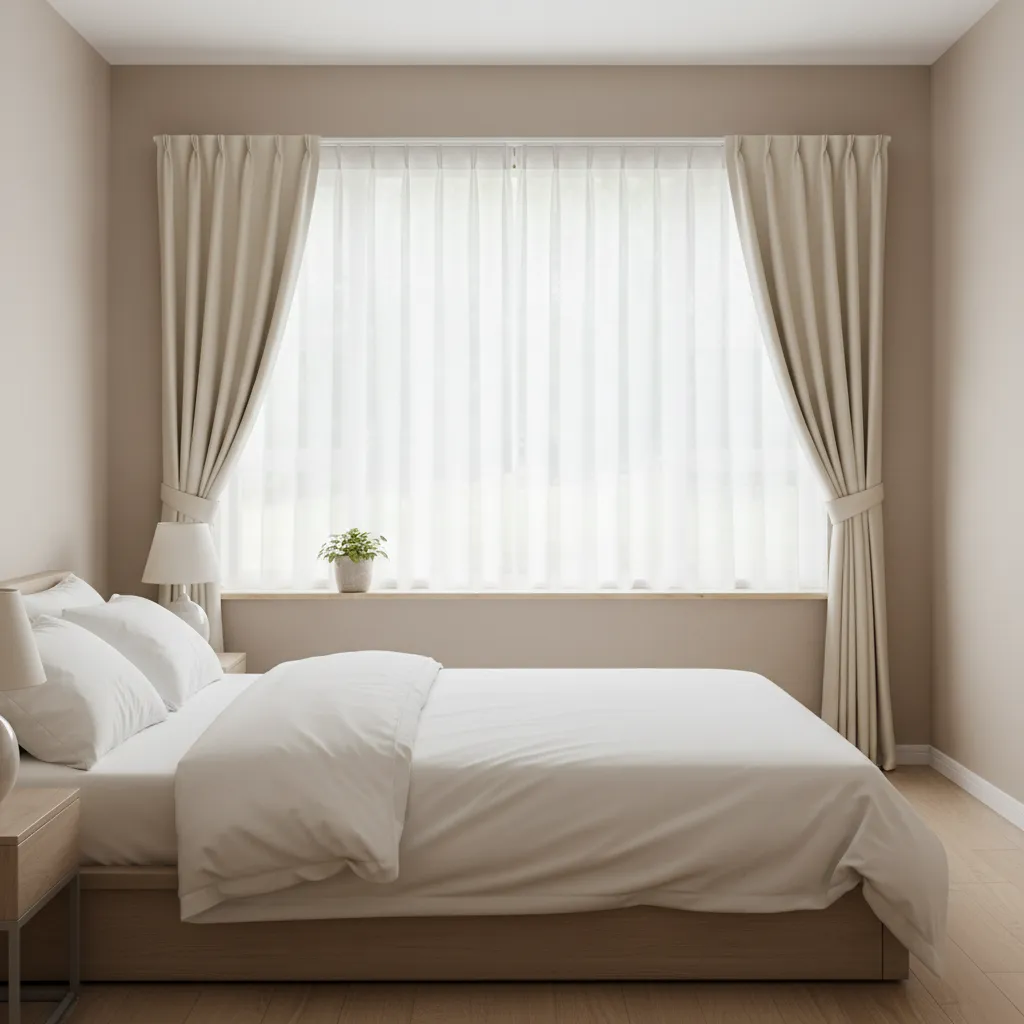 Bedroom window with sheer curtain behind cream drapes filtering daylight