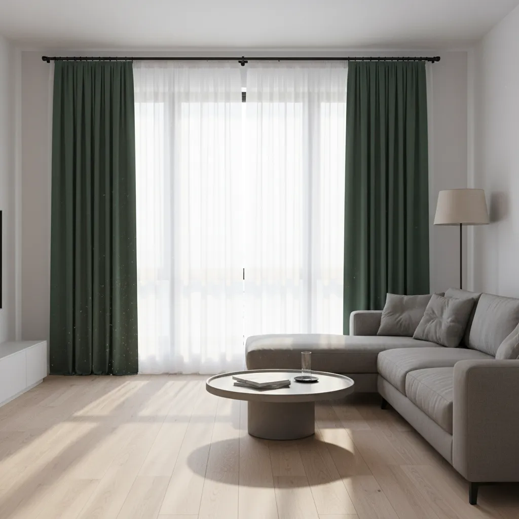 Layered sheer white curtains with dark green panels in a bright living room