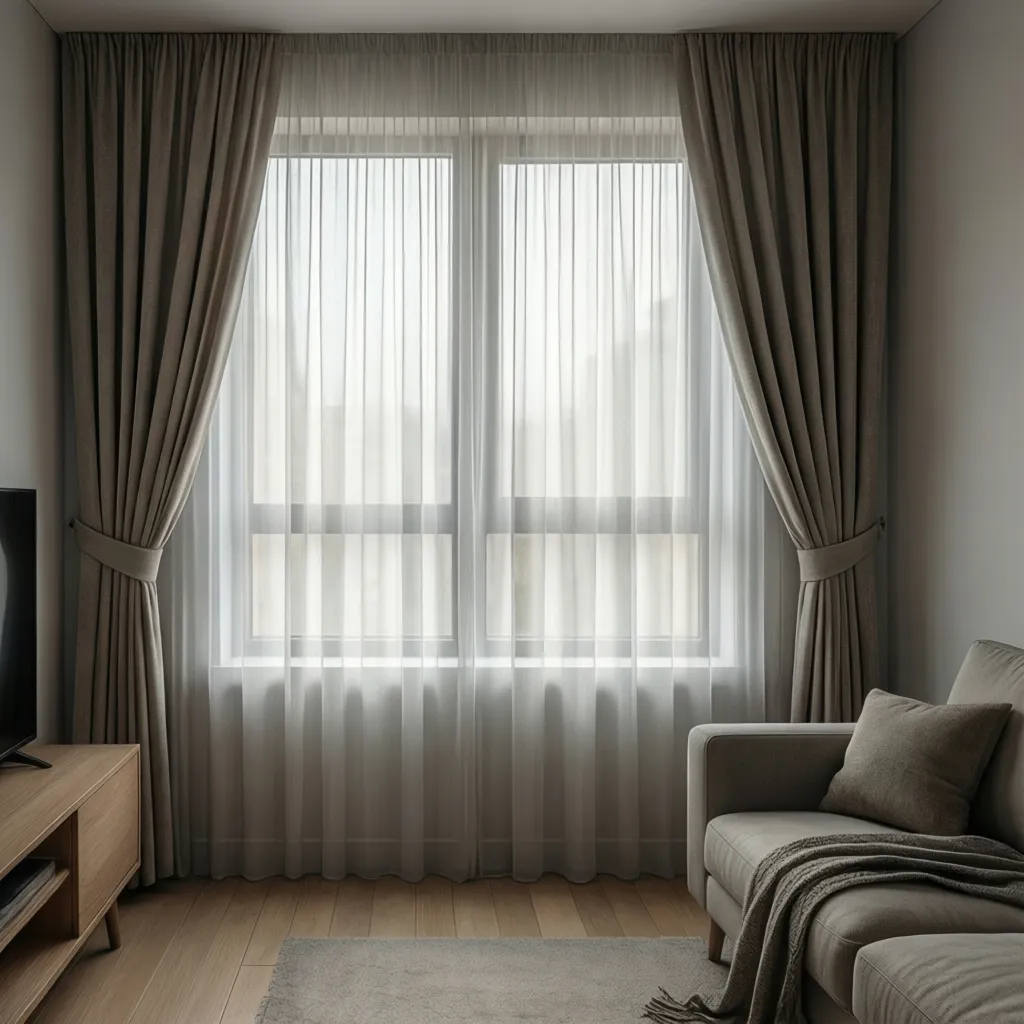 Layered sheer and drape curtains tied back in a bright living room