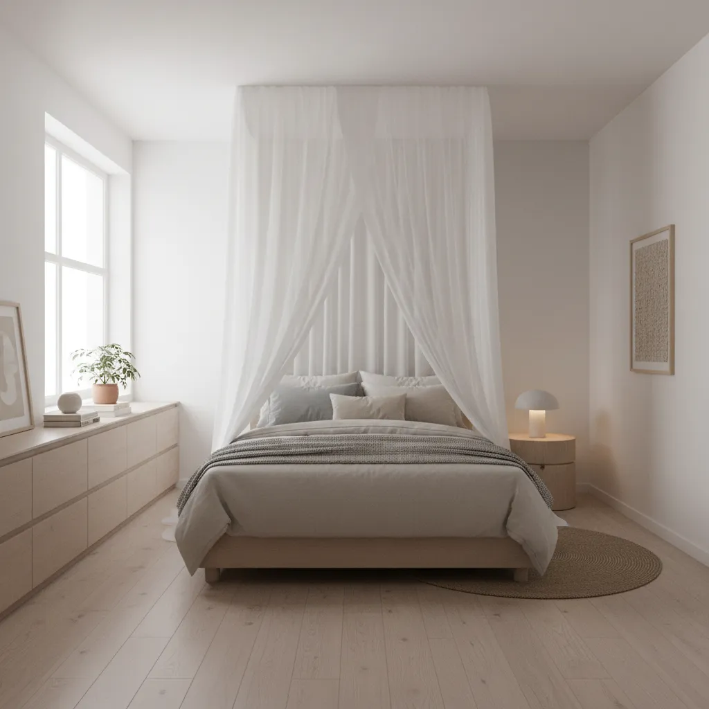 Small bedroom with ceiling mounted sheer canopy drapes above a bed