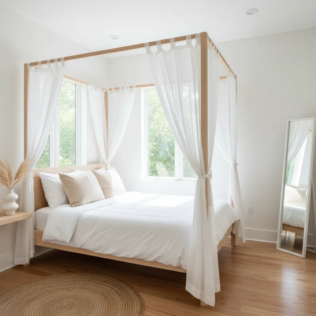 Canopy bed with sheer white curtains in a bright small bedroom