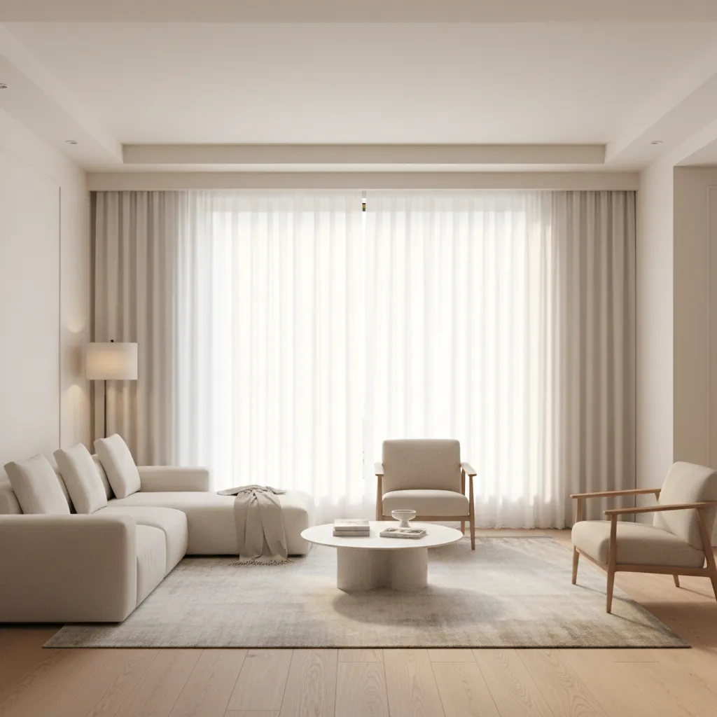 Sheer white curtains filtering sunlight in a cream wall living room