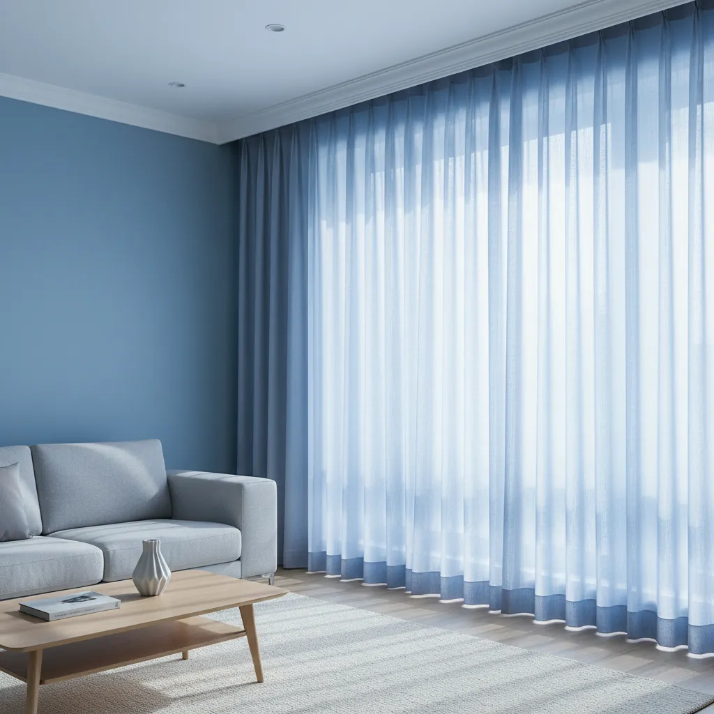 Sunlight diffusing through sheer curtains in blue living room