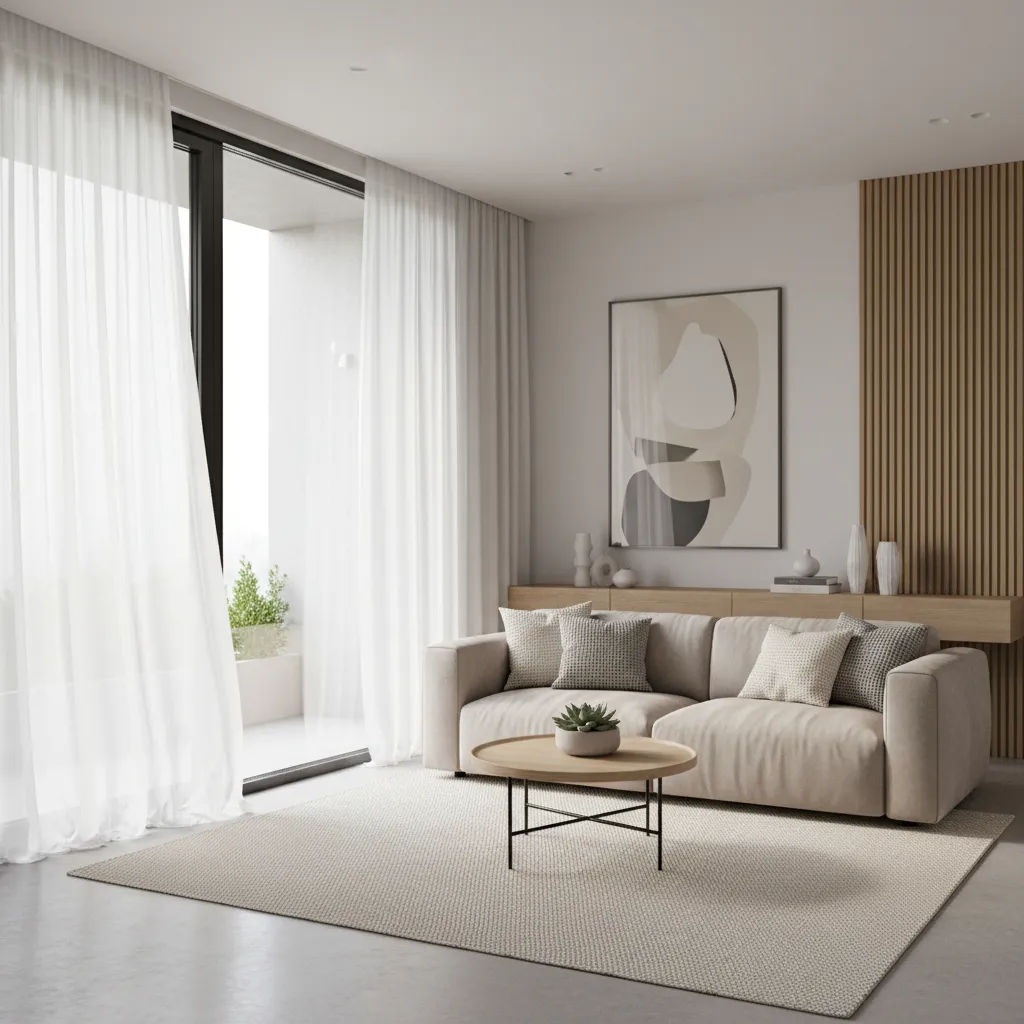 Small living room sliding glass door with floor to ceiling sheer curtains