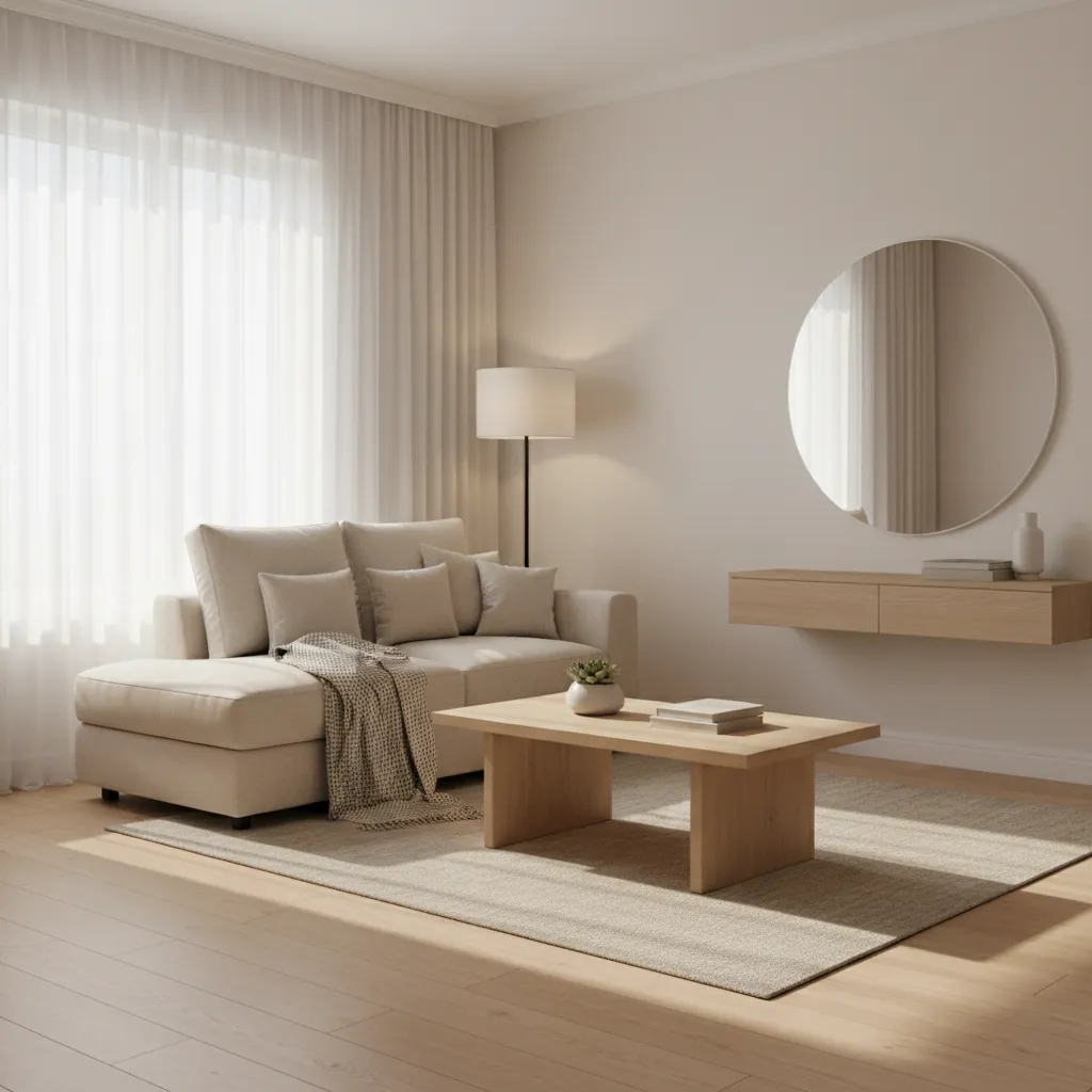 Small living room with sheer white curtains and natural daylight