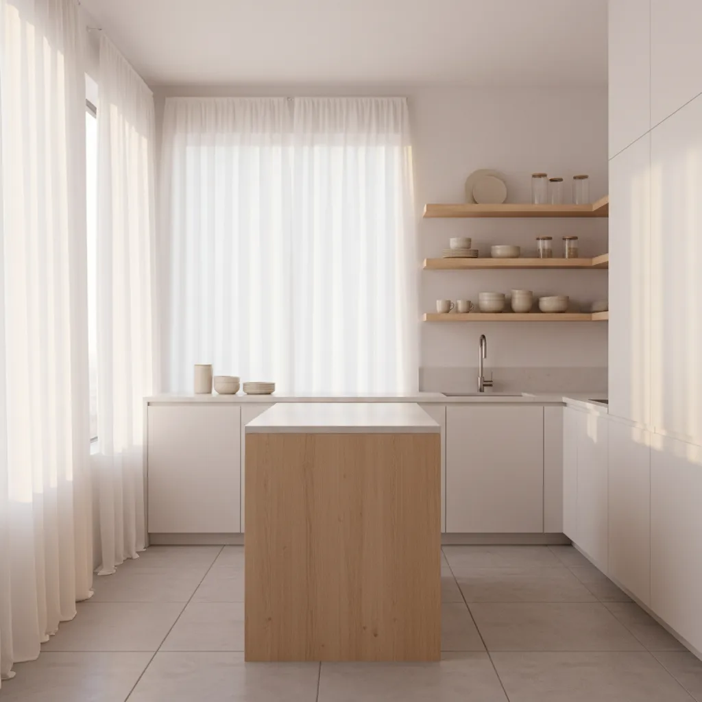 Sheer curtains in small kitchen allowing soft daylight