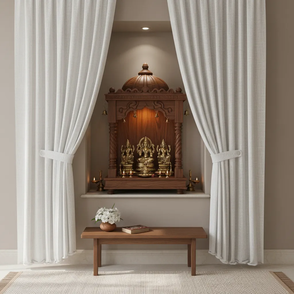 Sheer white curtain around a small home mandir with warm lighting