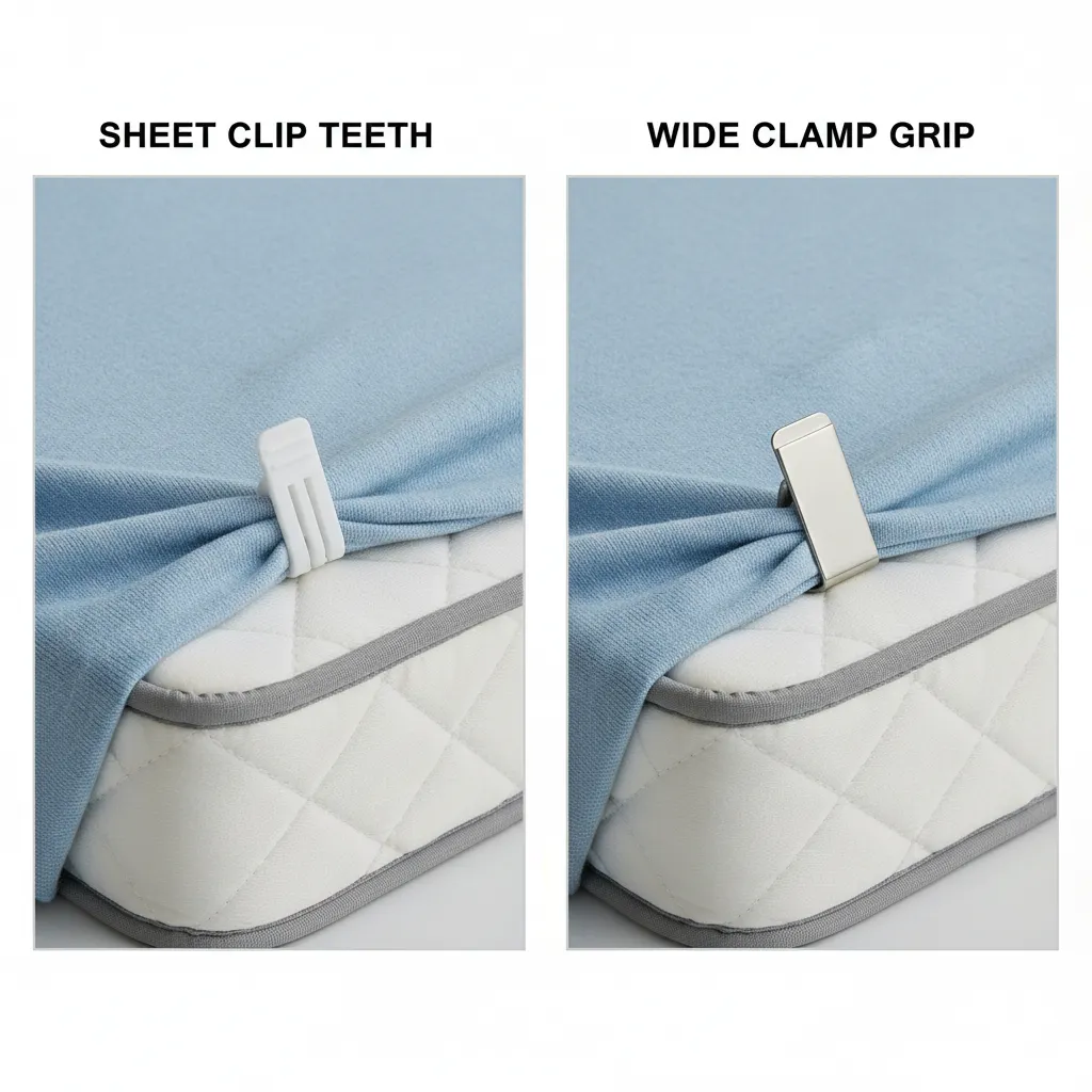 Comparison of narrow sheet clip teeth versus wide clamp fabric grip