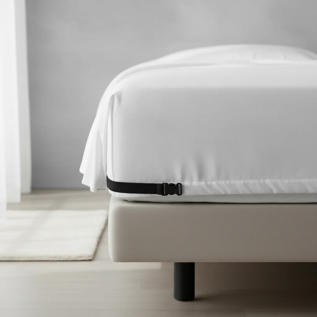 Fitted sheet lock attached to mattress corner holding white sheet smoothly
