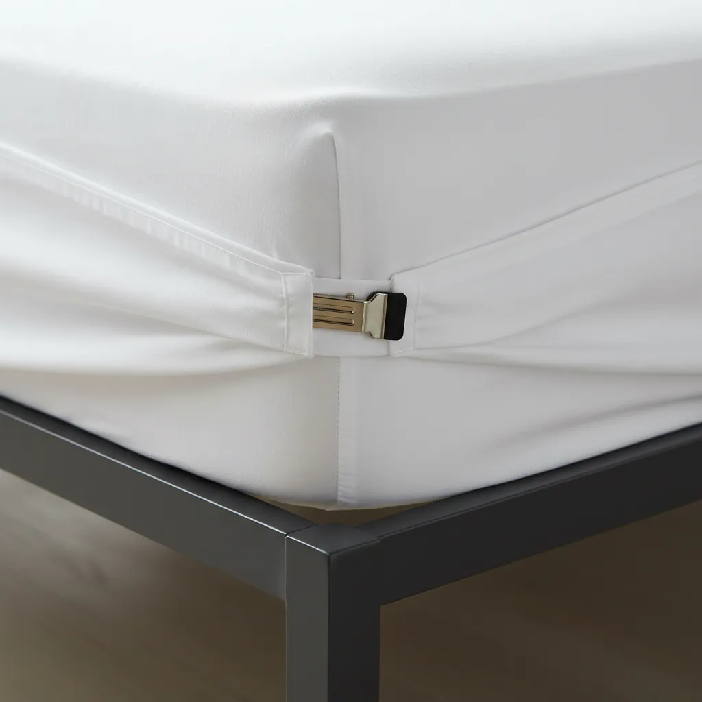 Fitted sheet lock attached to mattress corner holding sheet tightly