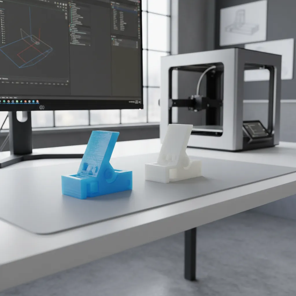 Prototype and injection molded versions of fitted sheet lock clips on design desk