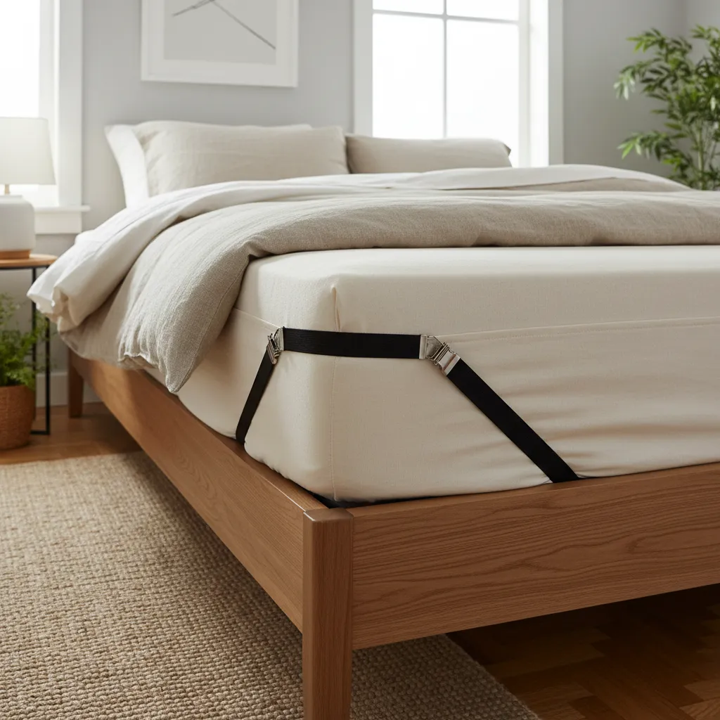 Elastic sheet straps attached to mattress corners holding a fitted sheet in place