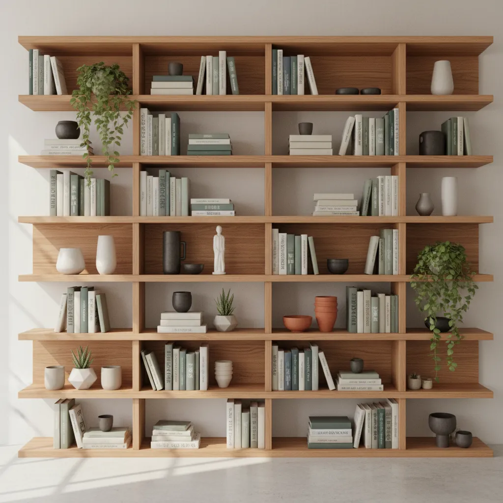 Example wall showing shelves with different spacing and depths for storage and decor