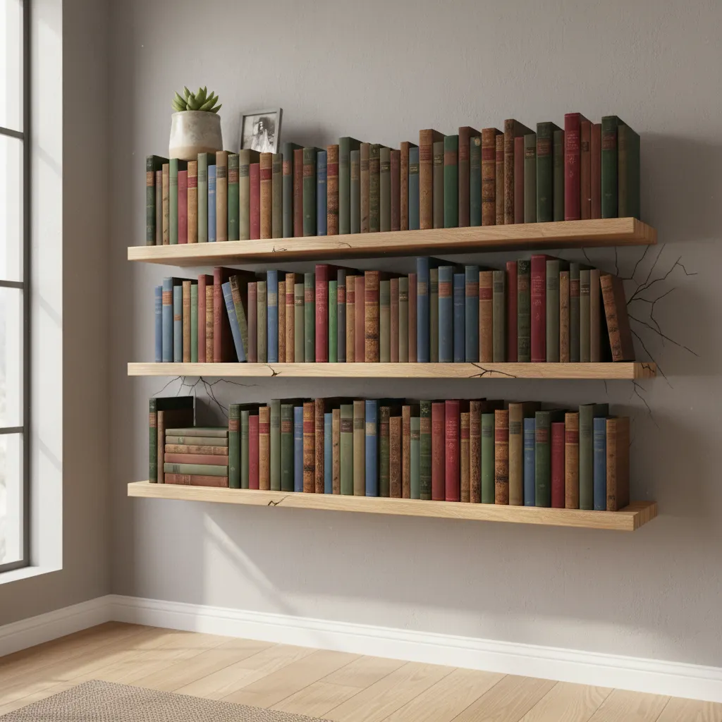 example of overloaded decorative shelf beginning to sag in the middle