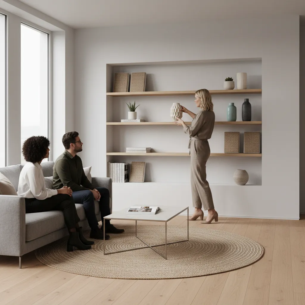 Interior designer styling decorative shelves step by step during a decorating workshop