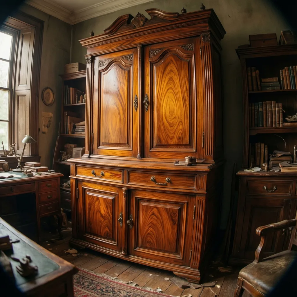 Antique cabinet finished with warm shellac sheen