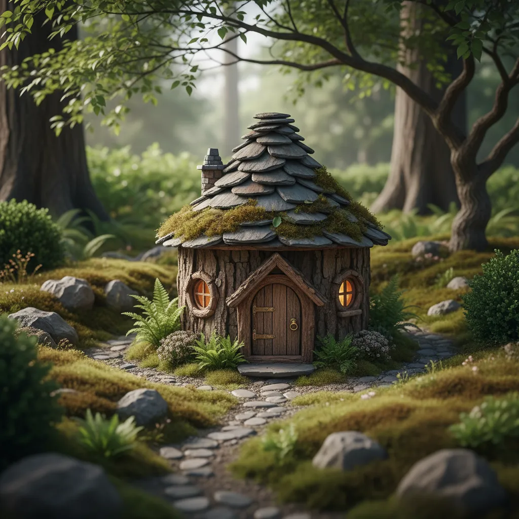 Miniature gnome house placed under a tree canopy for rain protection