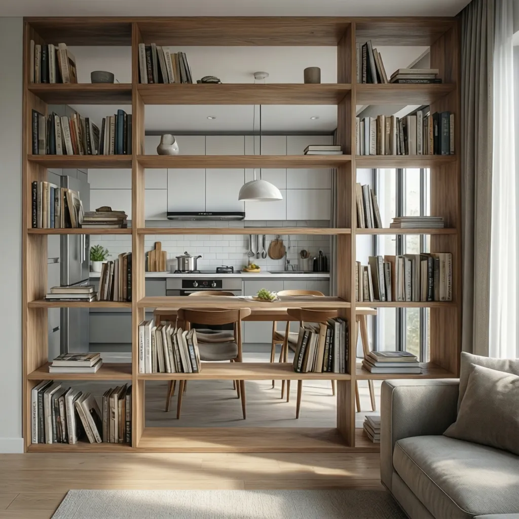 Open shelving divider between kitchen and living room with decor and storage