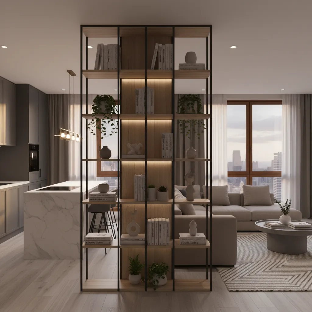 Open interior layout featuring a tall bookshelf divider between a modern kitchen and living room