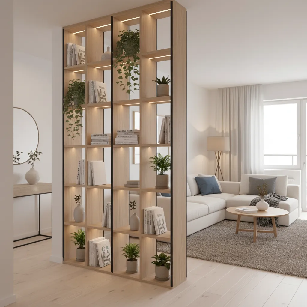 Open shelving partition used between entry lobby and living room