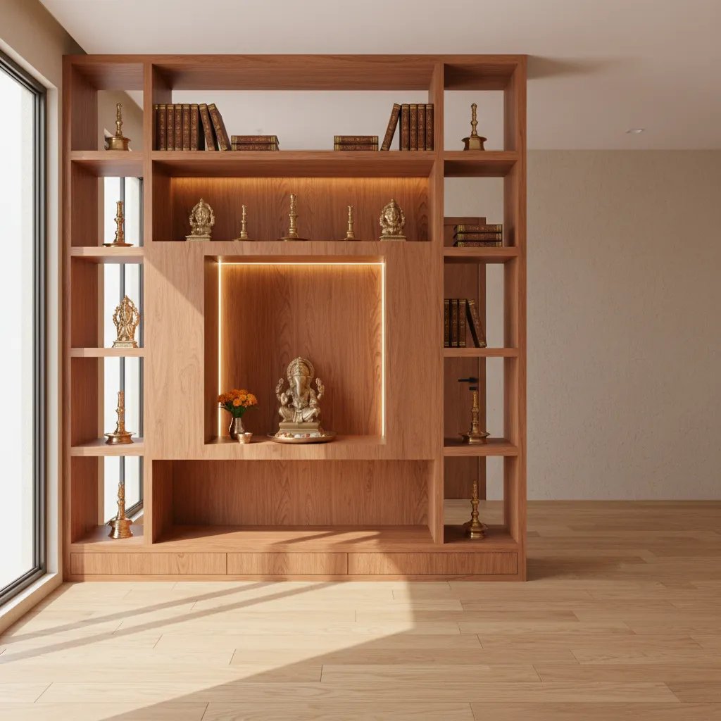 wood shelving partition with pooja altar niche and storage