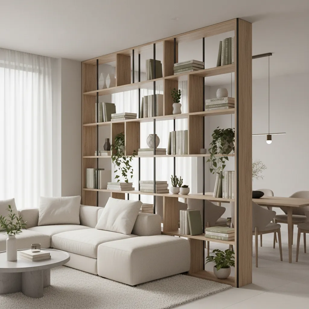 open shelving unit divider between living room and dining space