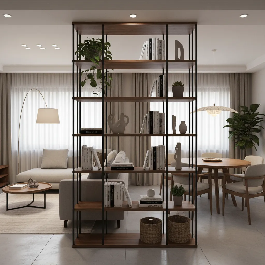 Open shelving partition dividing living room and dining area