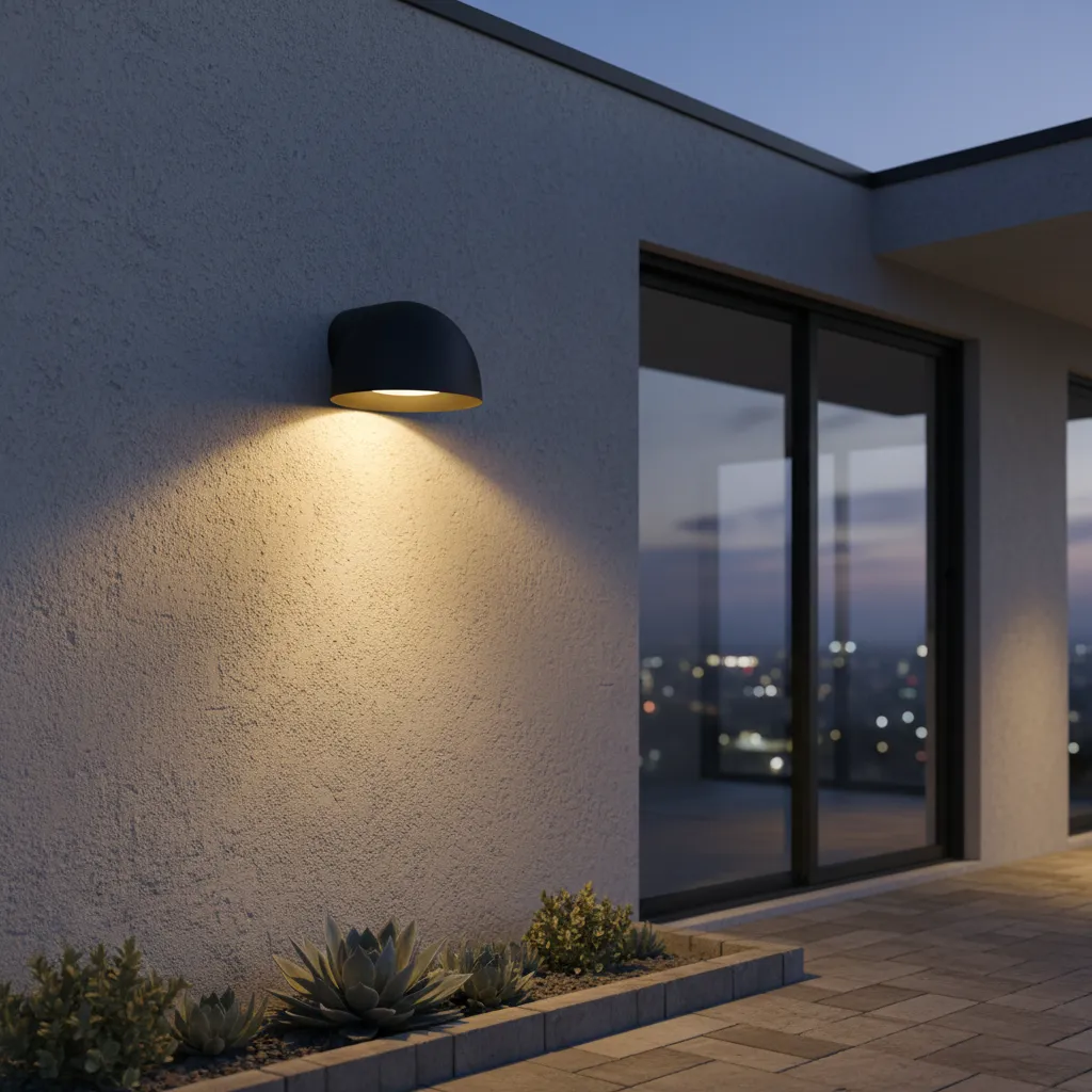 Outdoor wall light fixture with shield directing light downward