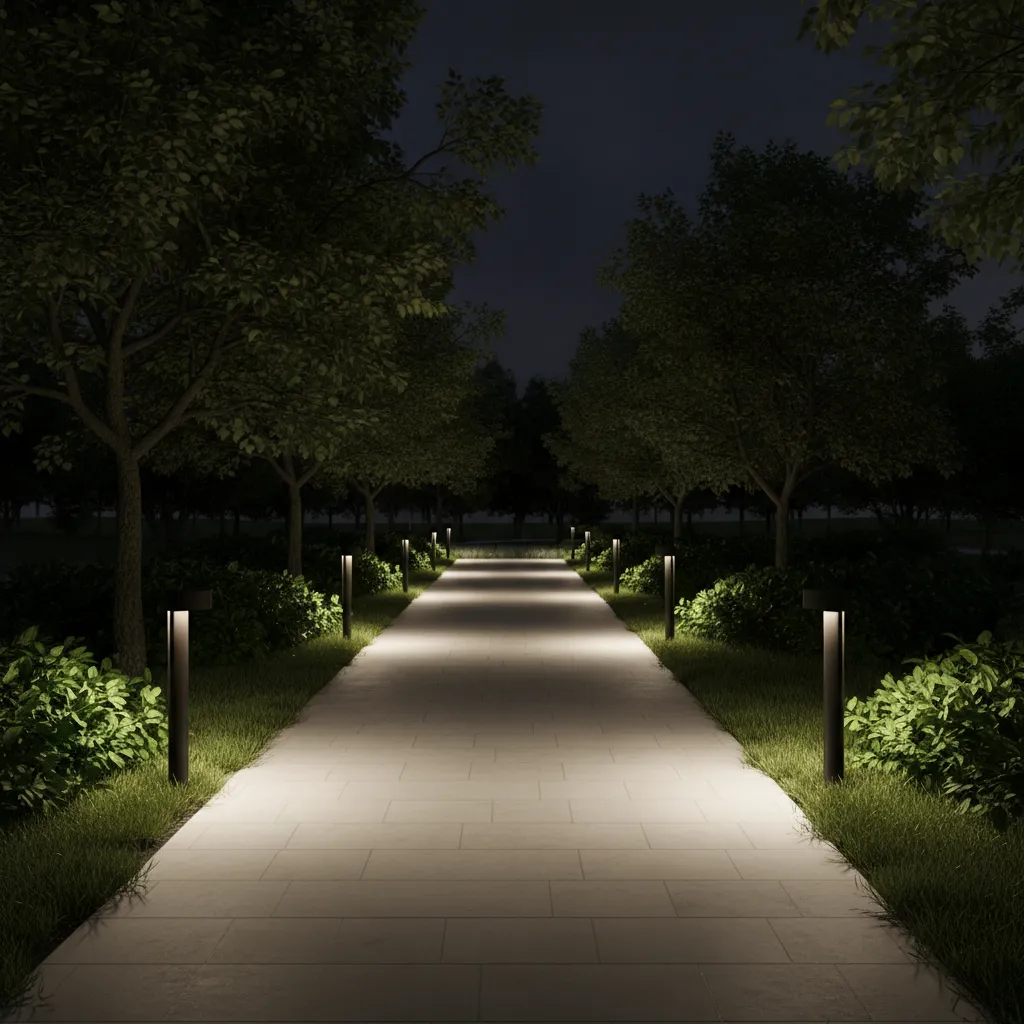 Shielded outdoor lighting fixture directing light downward on a walkway