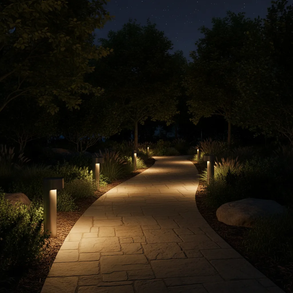 Shielded pathway lighting with warm LEDs illuminating walkway without skyglow