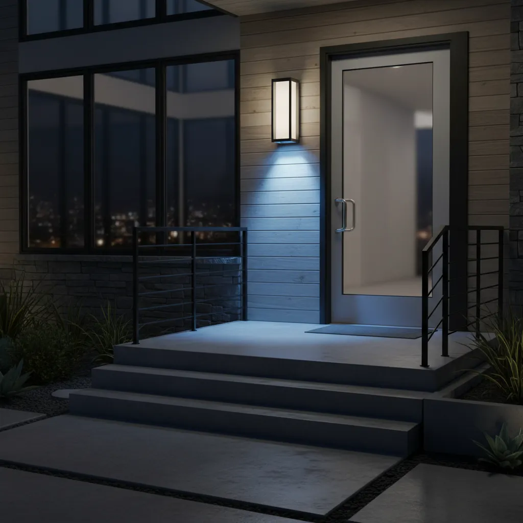 shielded outdoor porch light directing blue light downward