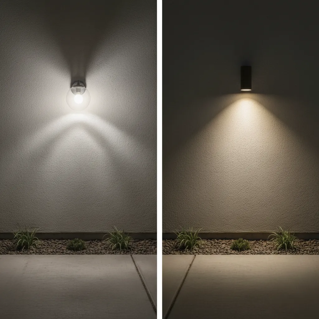 Comparison of shielded outdoor light fixture and globe light creating skyglow