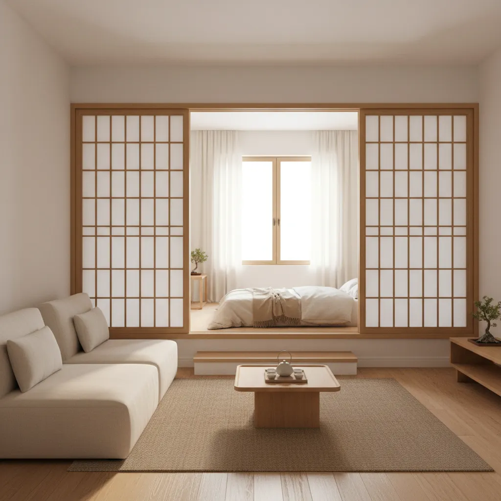 Shoji sliding panels used as room divider in a small apartment
