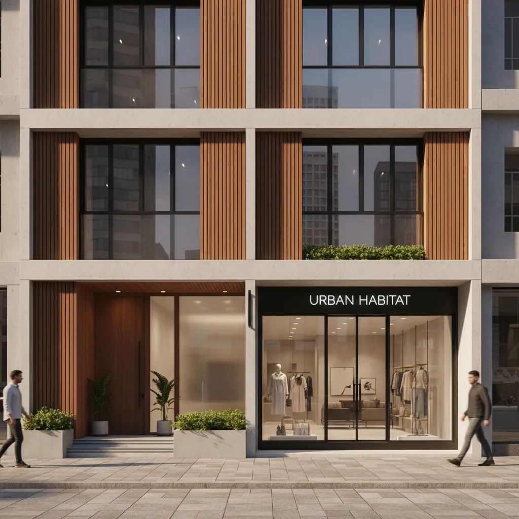 Modern building exterior with wood wall panels featuring a retail shop storefront and glass doors