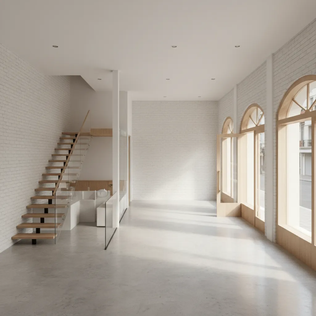 Bright empty room with white brick walls wooden stairs large arched windows and concrete floor