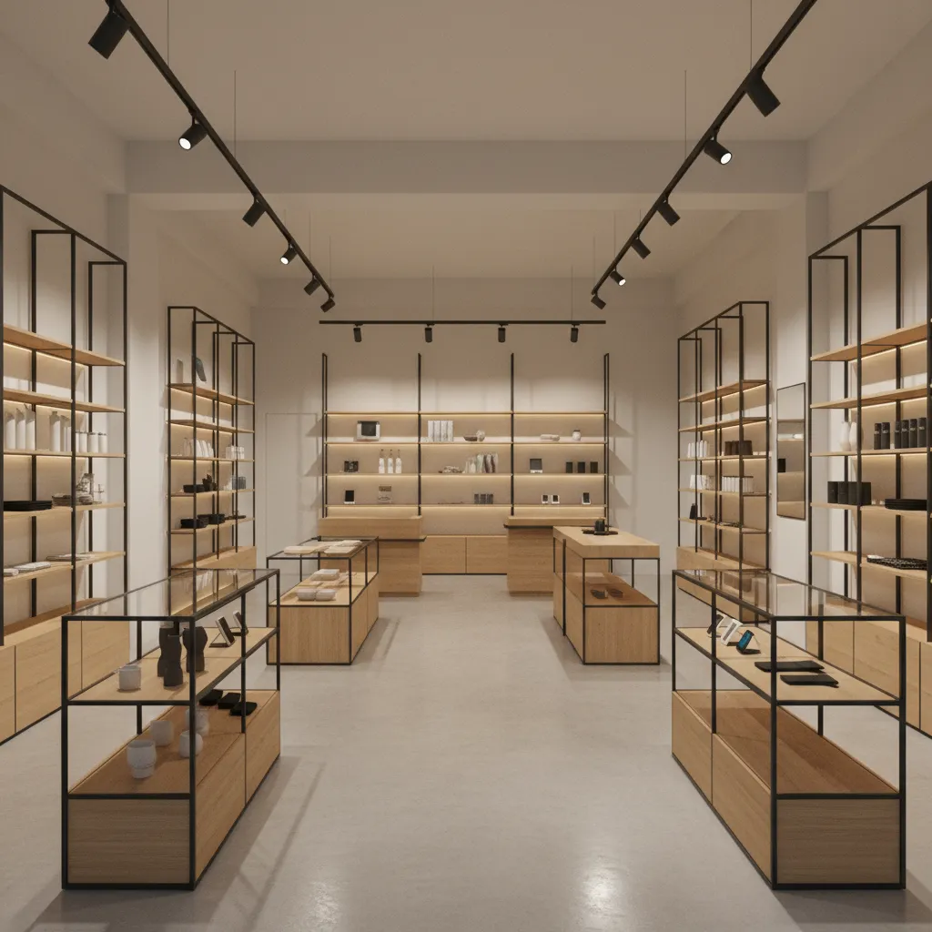 Modern retail shop interior design with wooden display shelves glass cabinets and black track lights