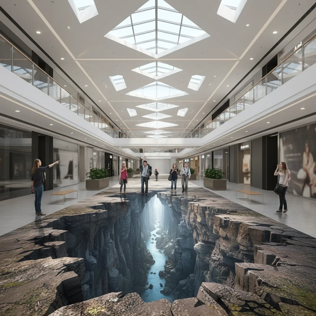 Shopping mall corridor featuring large perspective 3D floor graphic illusion