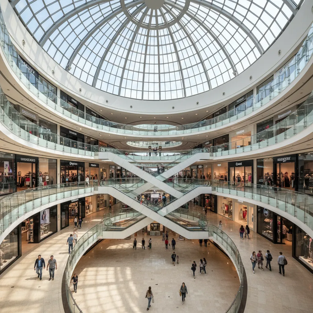 Large shopping mall atrium showing circulation corridors and storefronts