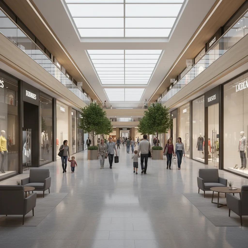 Interior overview of a shopping mall corridor showing visitor movement and store visibility