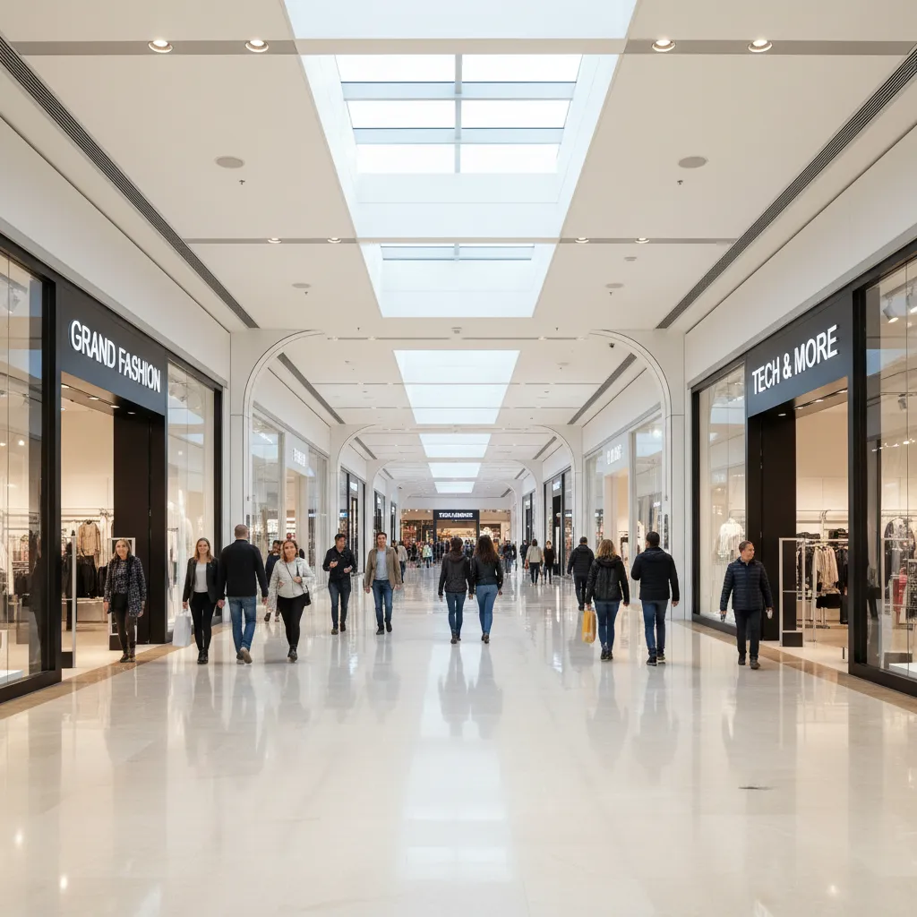 Wide mall corridor with storefront visibility and customer movement